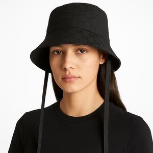 Black Monogram Bucket Hat with Chin Ties | Fashion Streetwear Hat NWOT